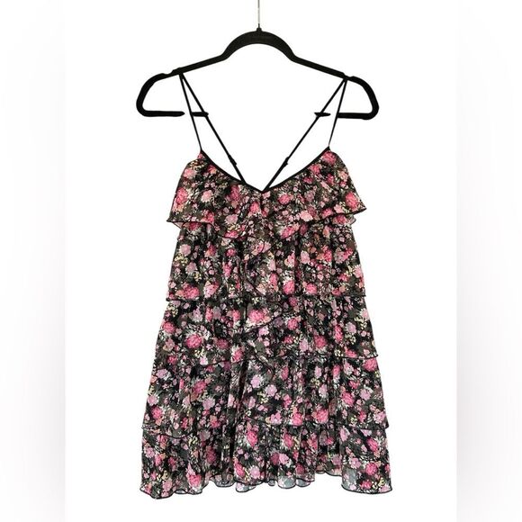 CANDIE’s Vintage Black Floral Spaghetti Strap Tiered Ruffle Y2K FairycoreTank XL - Picture 2 of 9